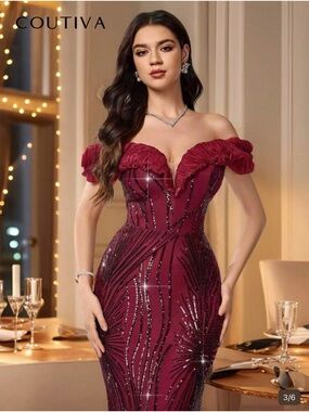 Burgundy One-Shoulder Sequin Gown
